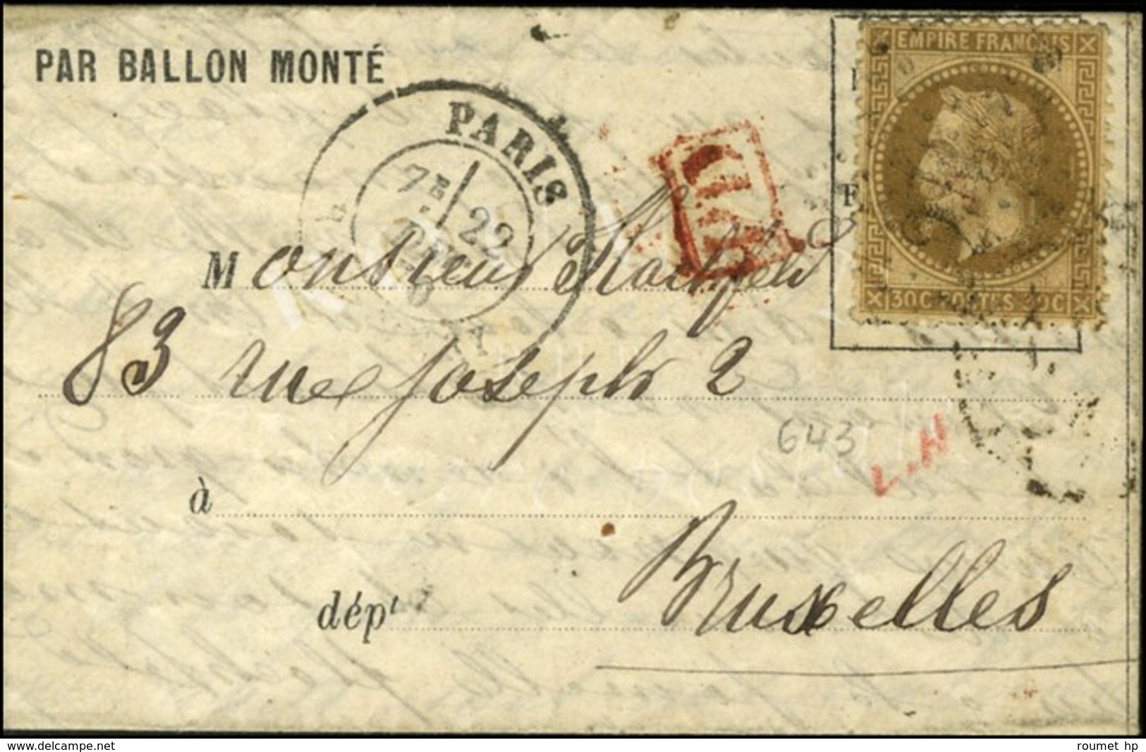 Etoile 24 / N° 30 Càd PARIS / R. DE CLERY 22 DEC. 70 (7e Levée) Sur Lettre PAR BALLON MONTE Pour Bruxelles, Au Verso Càd - War 1870