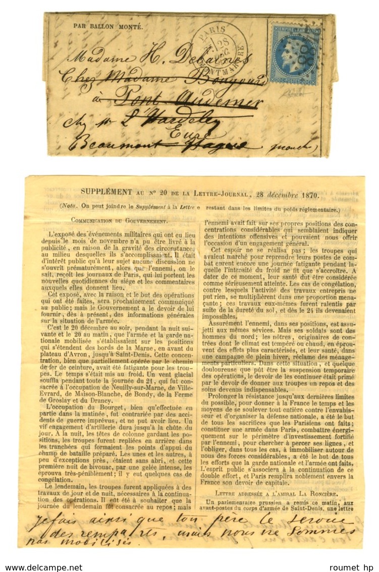 GC 2488 / N° 29 Càd PARIS / MONTMARTRE 28 DEC. 70 Sur Gazette N° 20 Avec Son Supplément Rédigé Par La Main De L'expédite - Guerra Del 1870