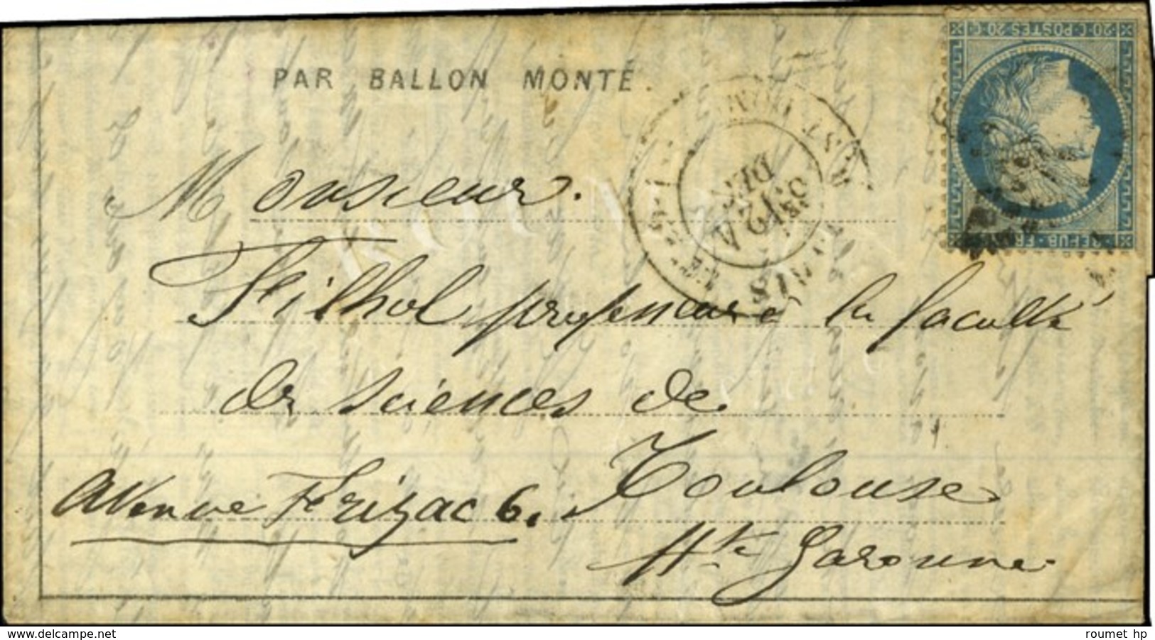 Etoile 20 / N° 37 Càd PARIS / R. ST DOMque ST GN N° 53 24 DEC. 70 Sur Dépêche Ballon N° 17 Pour Toulouse. Au Verso, Càd  - Krieg 1870