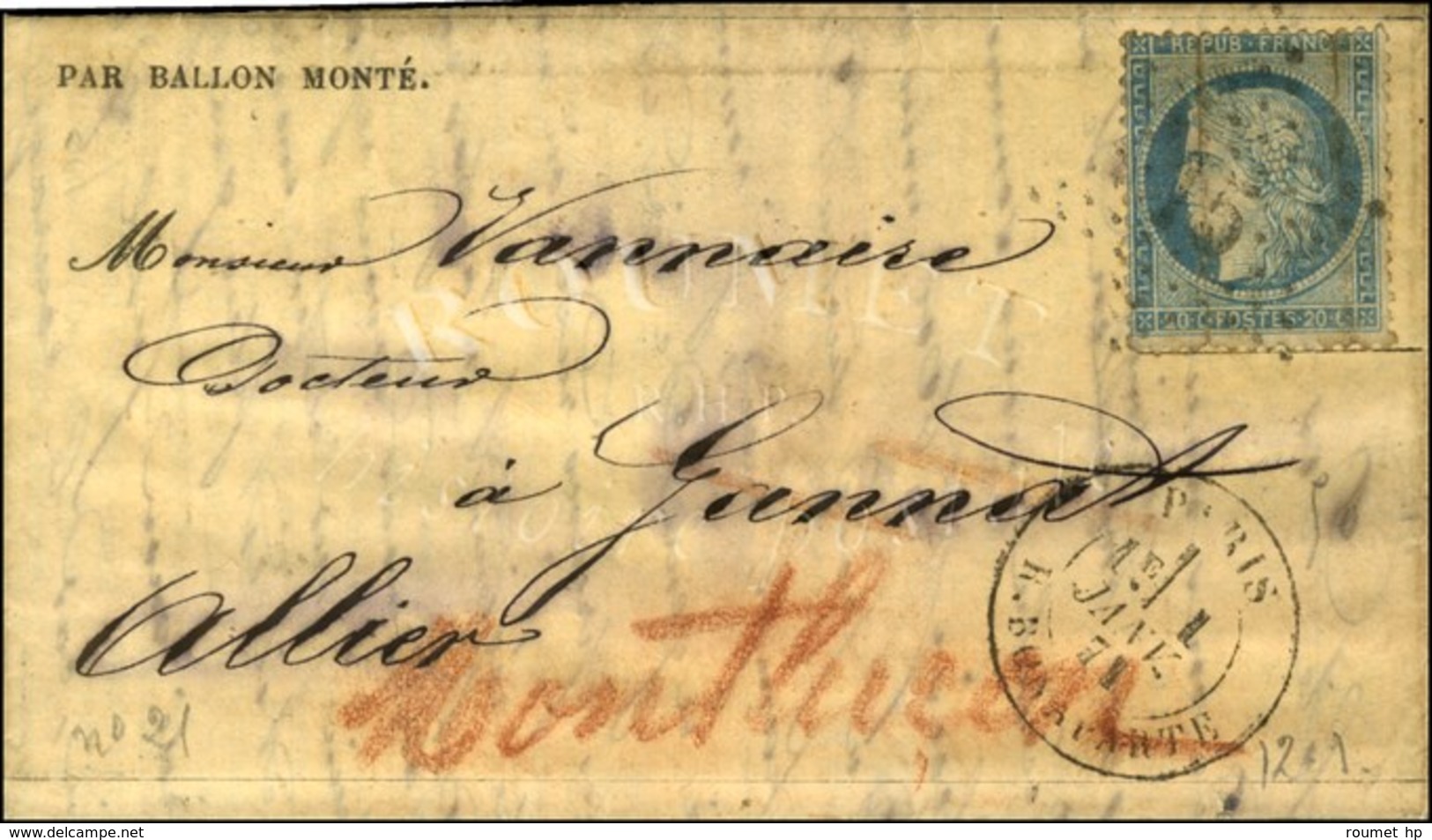 Etoile 15 / N° 37 Càd PARIS / R. BONAPARTE 1 JANV. 71 Sur Gazette N° 21 Pour Gannat Réexpédiée à Montluçon. Au Verso, Cà - War 1870