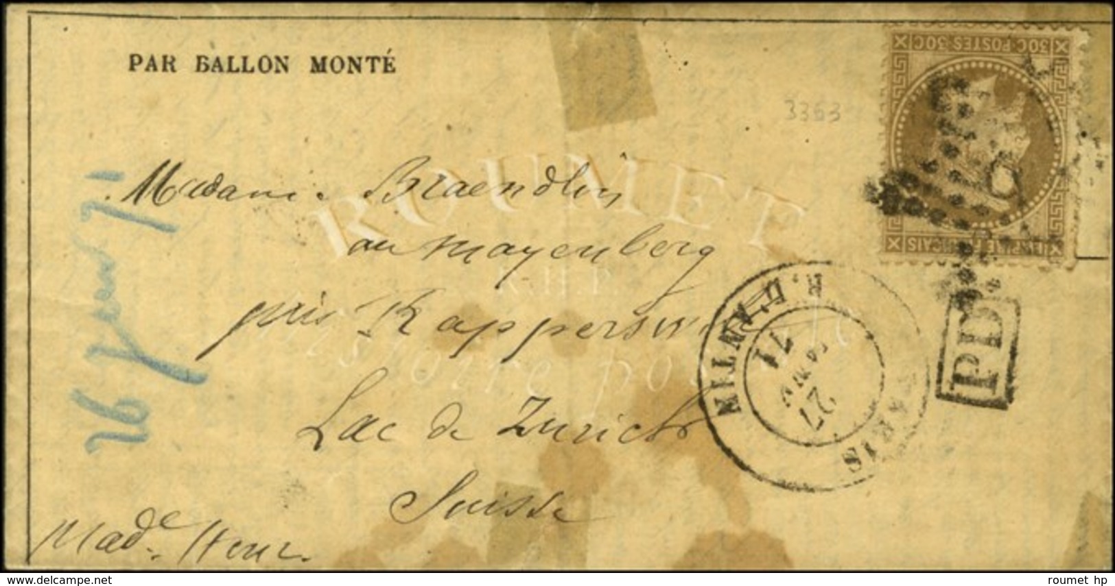 Etoile 8 / N° 30 Càd PARIS / R. D'ANTIN 27 JANV. 71 Sur Gazette N° 32 Adressée Au Mayenberg Près Rapperswill (Lac De Zur - Guerra Del 1870