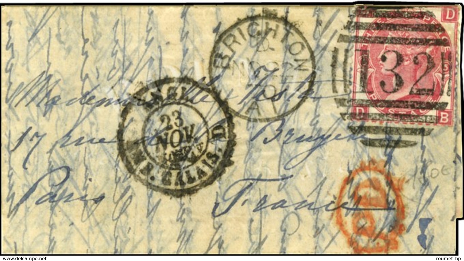 KILLER 132 / GB 3 Pence Càd BRIGHTON 22 NOV. 70 Sur Lettre Pour Paris. Au Recto, Càd D'entrée ANGL / AMB. CALAIS. D 23 N - Guerra Del 1870