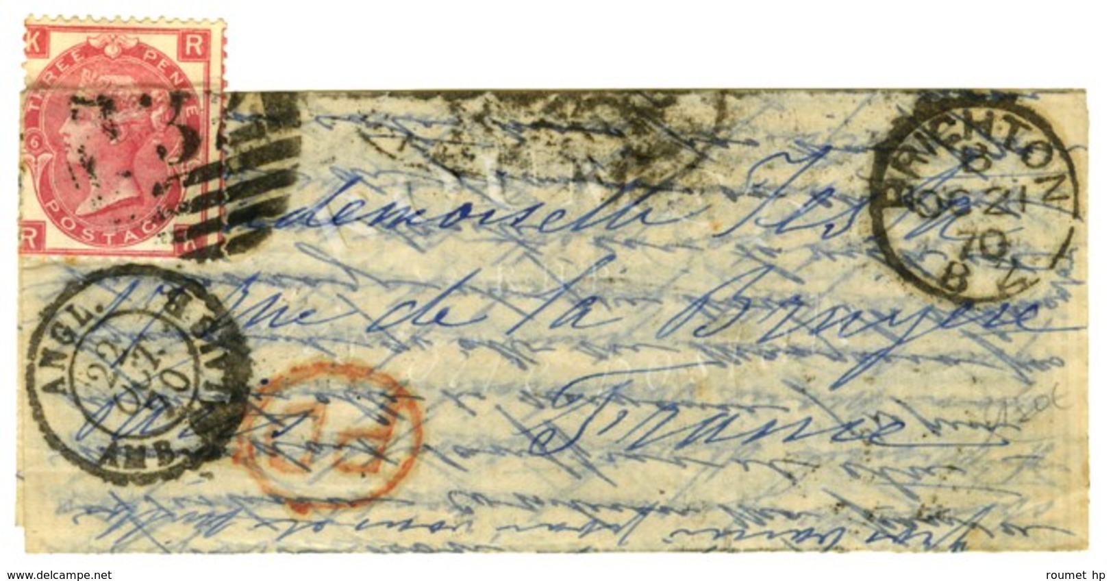 KILLER 132 / GB 3 Pence Càd BRIGHTON 21 OCT. 70 Sur Lettre Pour Paris. Au Recto, Càd D'entrée ANGL / AMB. CALAIS. B 22 O - War 1870