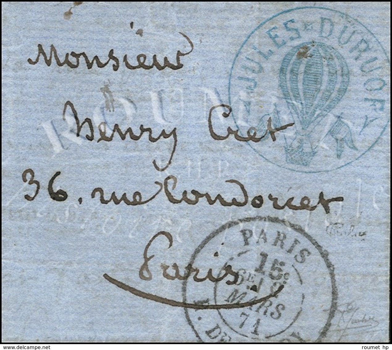 Cachet Bleu De L'Aéronaute Jules Duruof Sur Lettre Avec Texte Daté De Tours Le 5 Nov. 1870 En Vue D'une Tentative De Ret - War 1870