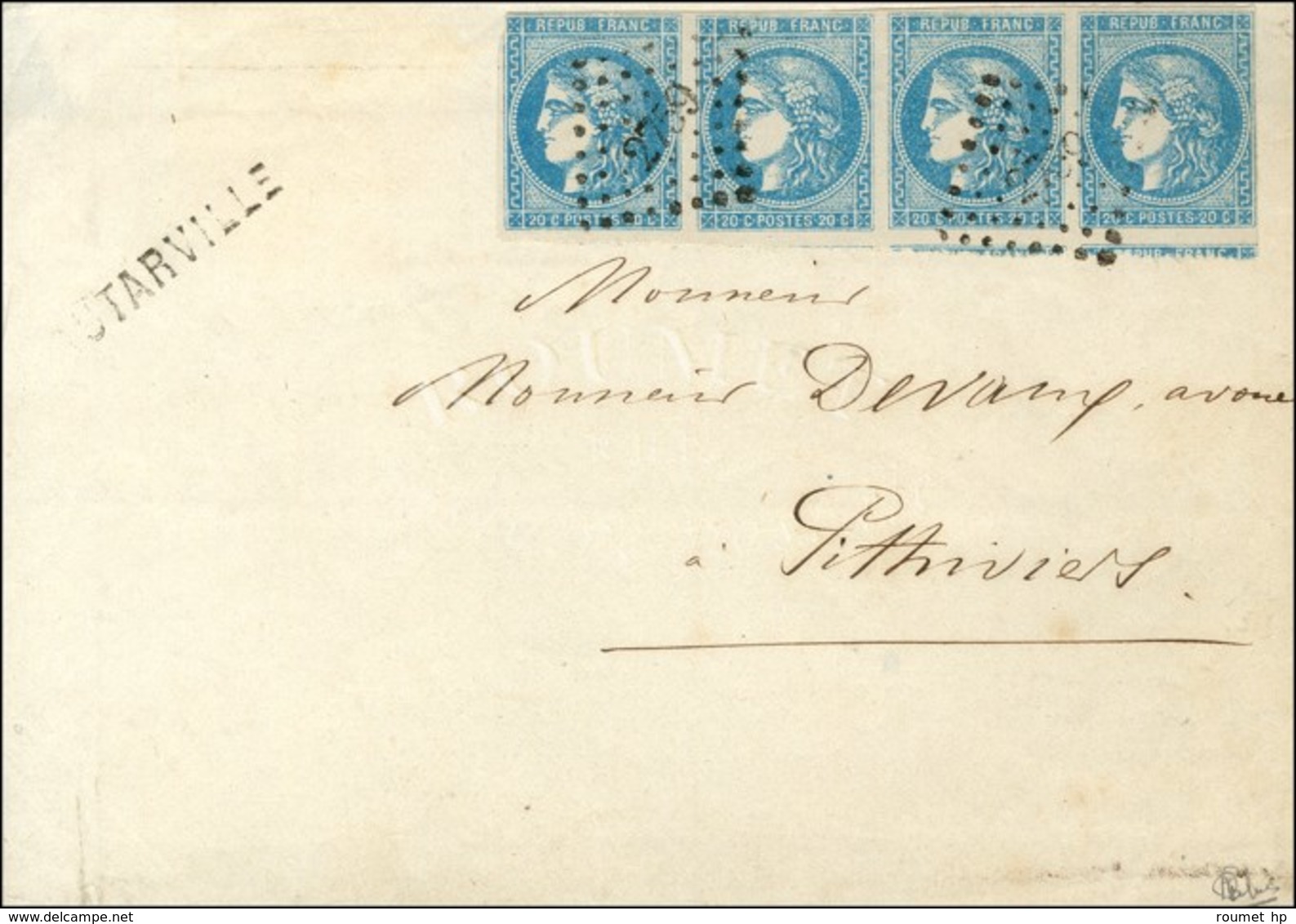 PC Du GC 2759 / N° 46 Bande De 4 (1 Ex Pd) Griffe Provisoire OUTARVILLE Sur Lettre 3 Ports Pour Pithiviers. Au Verso, Cà - War 1870