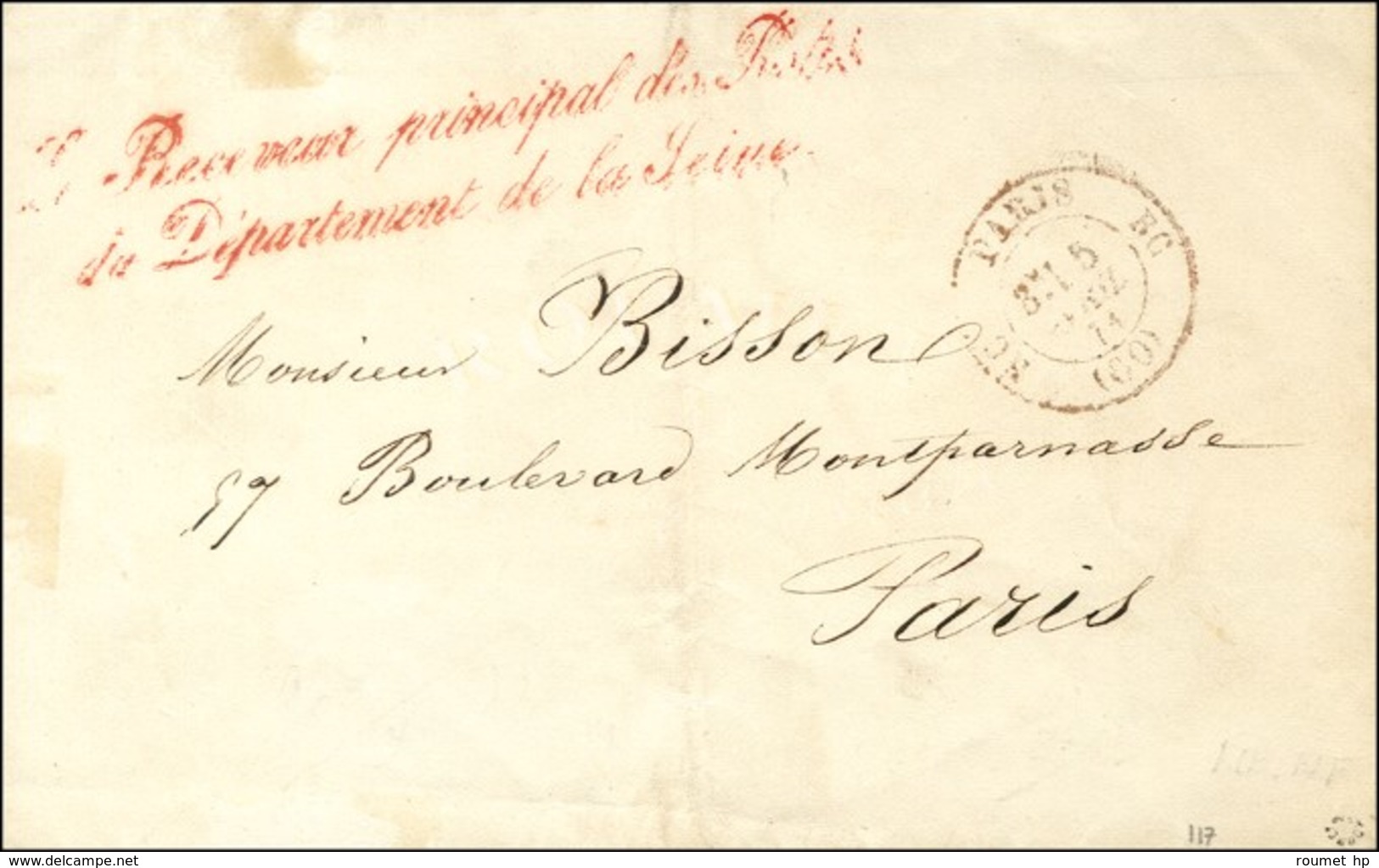 Càd Rouge RC PARIS RC (60) 5 AVRIL 1871 Sur Lettre Locale En Franchise '' Le Receveur Principal Des Postes / Du Départem - War 1870