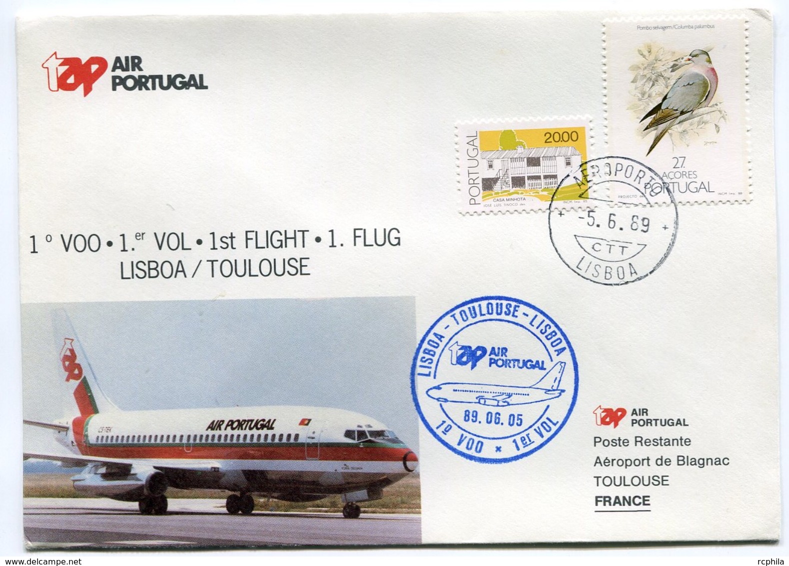 RC 6538 PORTUGAL 1989 1er VOL TAP LISBOA - TOULOUSE FRANCE FFC LETTRE COVER - Briefe U. Dokumente