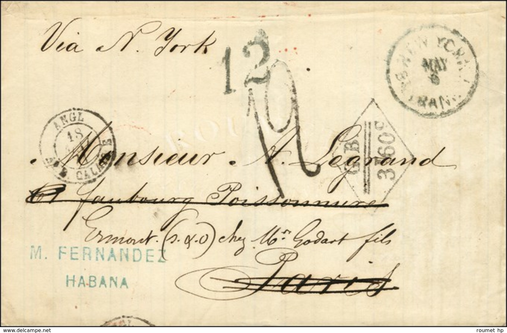 Lettre De La Havane Acheminée Jusqu'à New York Pour Paris, Détournée Vers Ermont. Càd NEW YORK, Taxe Tampon 12 Et Marque - Krieg 1870