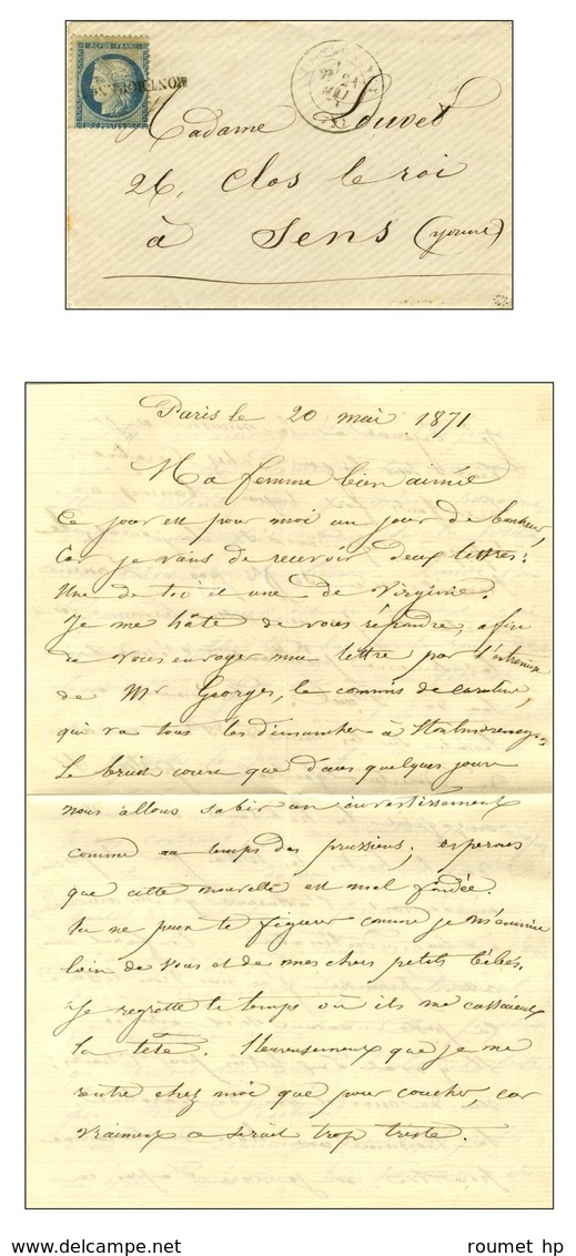 Lettre Avec Texte Daté De Paris Le 20 Mai 1871 Acheminée Par Passeur Privé Et Remise Au Bureau De Montmorency Pour Sens. - Krieg 1870