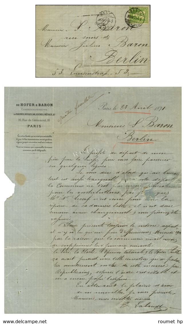 Lettre Avec Texte Daté De Paris Le 23 Avril 1871, Acheminée Par Passeur Privé Jusqu'en Suisse Et Remise Au Bureau De Bâl - War 1870