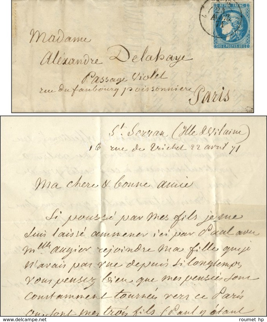 Lettre Avec Texte Daté De St Servan (Ille Et Vilaine) Le 22 Avril 1871 Acheminée Par Passeur Privé Jusqu'à Paris Et Remi - Krieg 1870