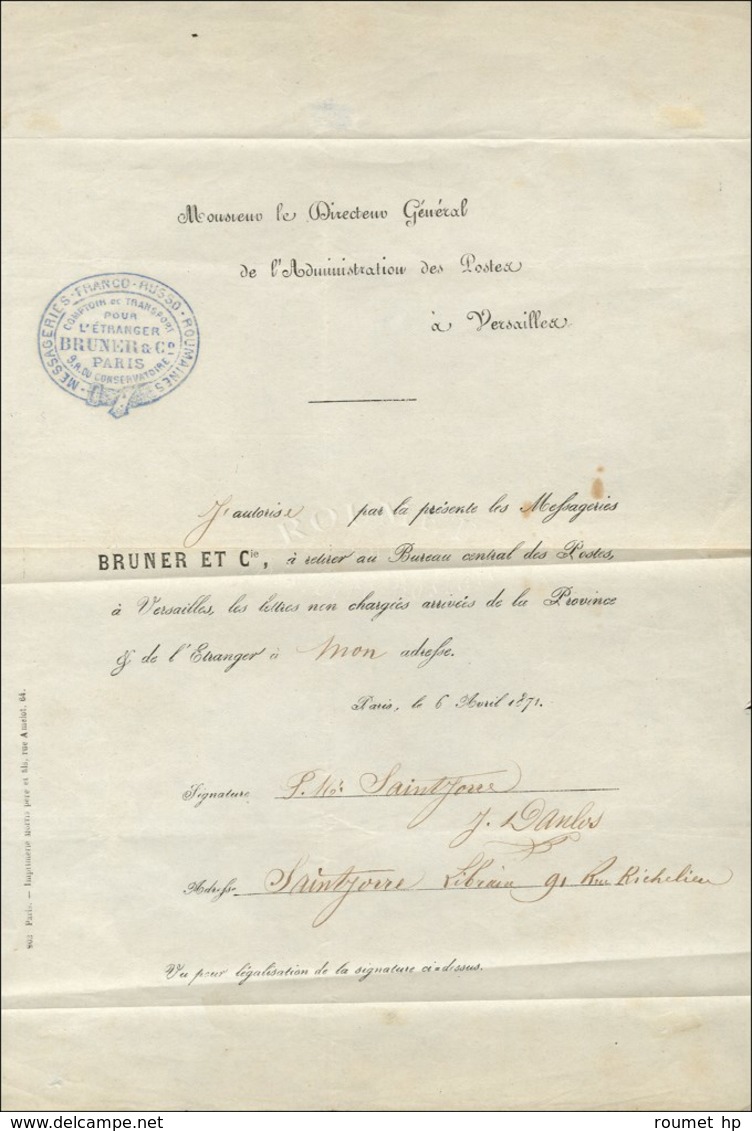 Exceptionnel Document De L'Agence Bruner Et Compagnie Adressé Au Directeur Général De L'Administration Des Postes Concer - Krieg 1870