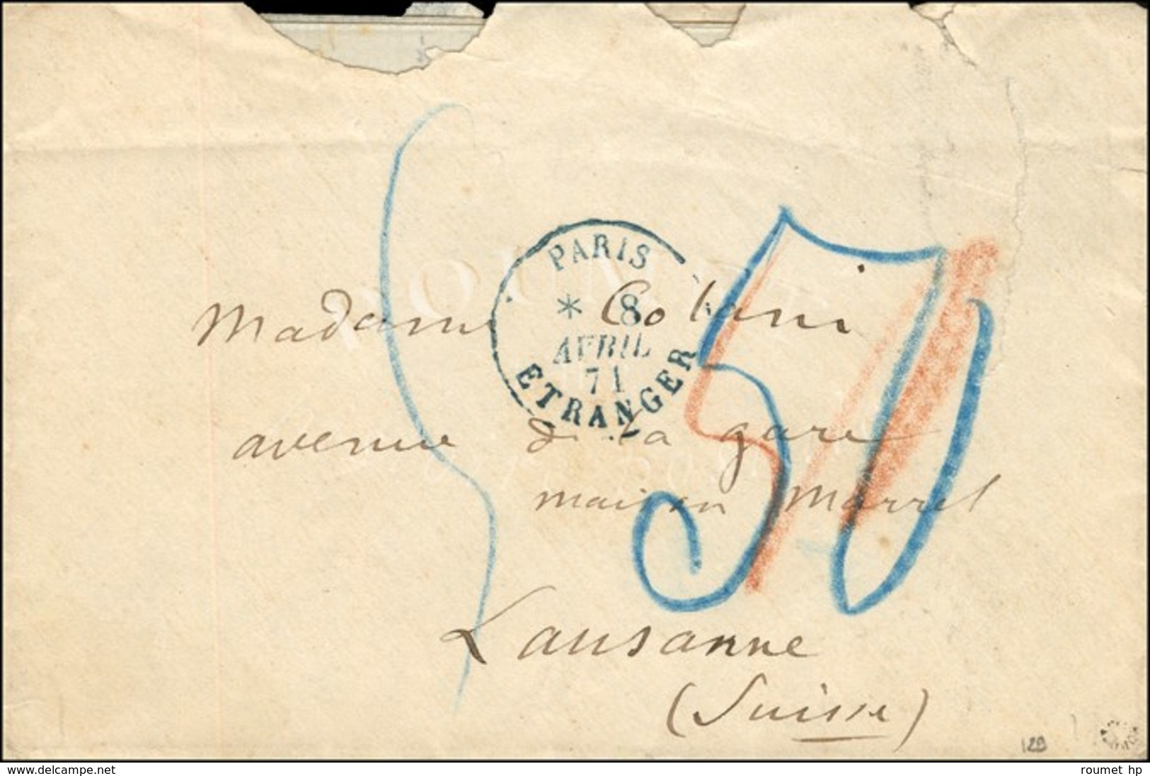 Lettre Non Affranchie De Paris Pour Lausanne (Suisse) Restée En Souffrance Et Réacheminée Au Rétablissement Du Service P - War 1870