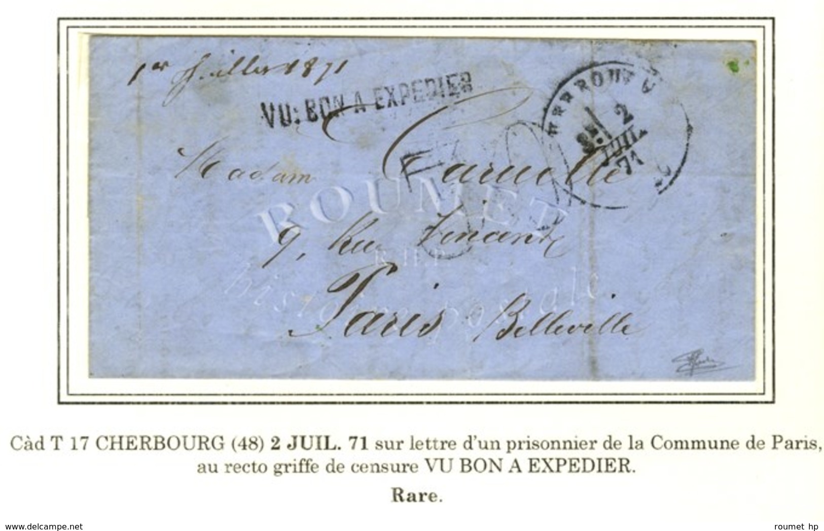 Càd T 17 CHERBOURG (48) 2 JUIL. 71 Taxe 30 DT Sur Lettre Avec Texte D'un Prisonnier De La Commune Pour Paris. Au Recto,  - Krieg 1870
