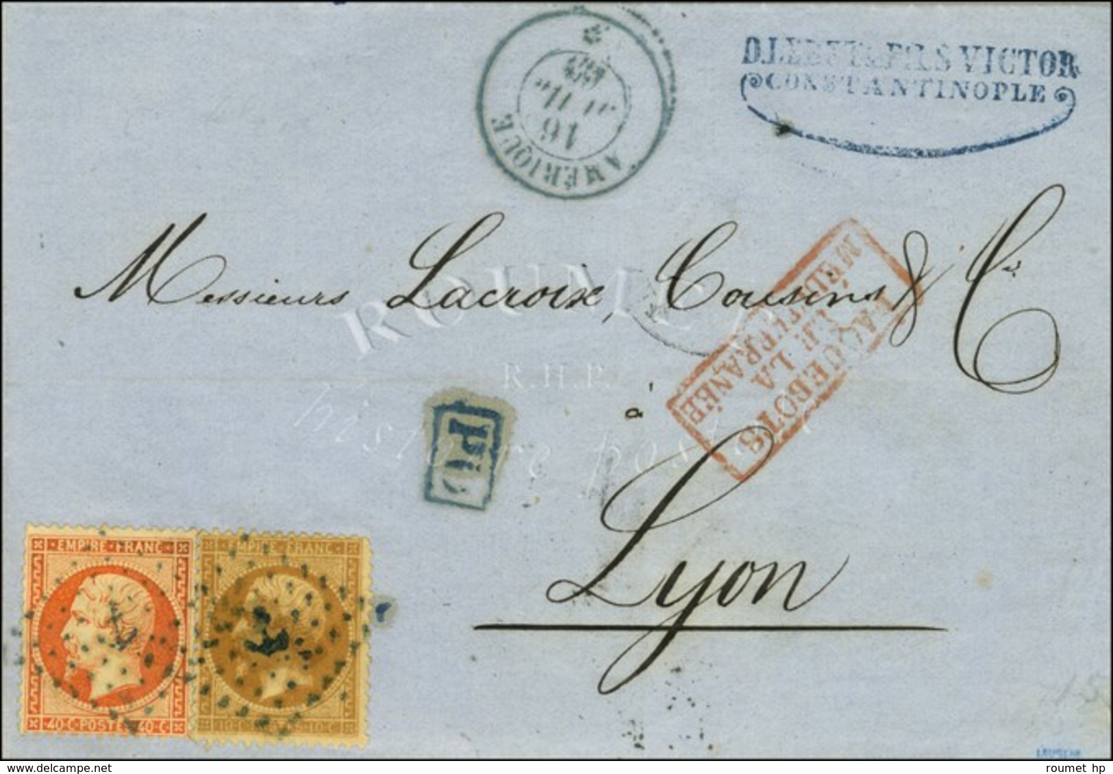 Ancre Bleue / N° 21 + 23 Càd Bleu AMERIQUE / * 16 JUIL. 63 Sur Lettre De Constantinople Pour Lyon. - SUP. - Schiffspost