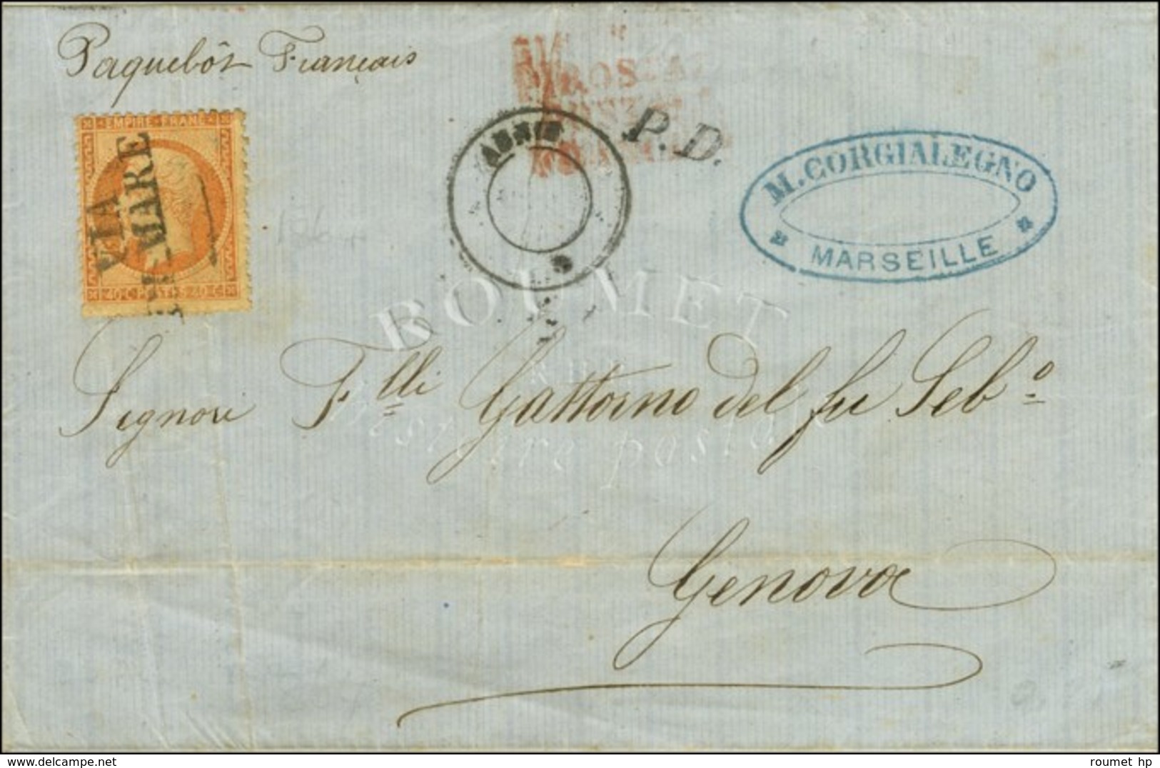 Lettre De Marseille Datée Du 25 Août 1864 Adressée à Gênes. L'agent Embarqué N'ayant Pas De Bloc Dateur Ni De Losange An - Maritime Post