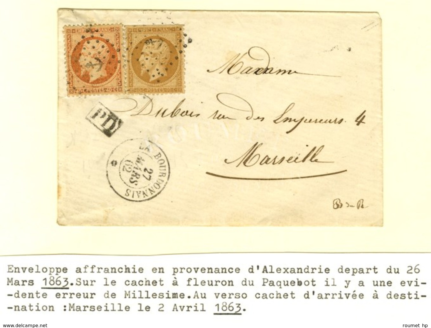 Ancre / N° 21 + 23 Càd LA BOURDONNAIS / * 27 MARS 62 (erreur De Millésime, Départ Du 26 Mars 1863 D'Alexandrie) Sur Lett - Posta Marittima