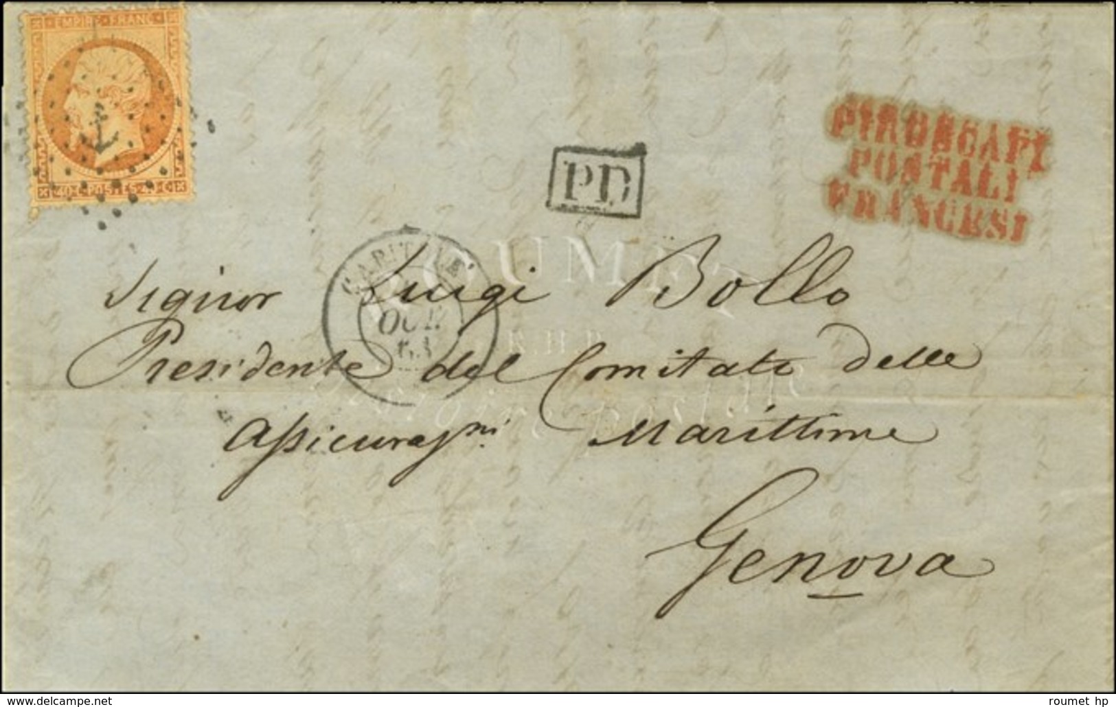 Ancre / N° 23 Càd CAPITOLE / * 1 OCT. 63 Sur Lettre De Marseille Pour Gênes, Cachet Très Rare Sur Les Voyages De 1863 Et - Maritime Post