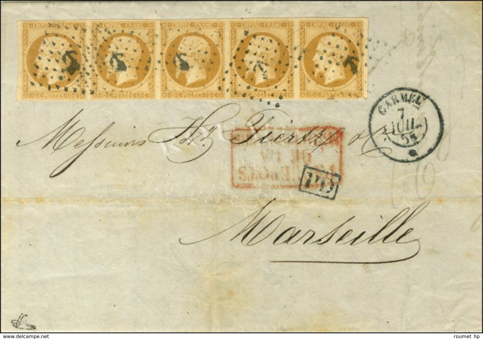 Ancre / N° 13 Bande De 5 Càd CARMEL / * 7 JUIL. 58 Sur Lettre De Constantinople Pour Marseille. Exceptionnel Affranchiss - Maritime Post