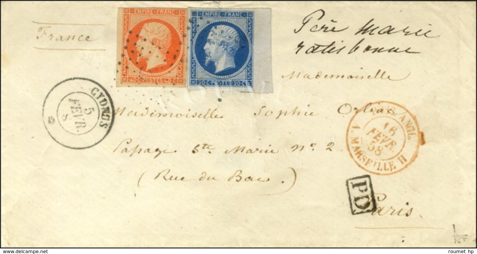 Ancre / N° 14 Bdf + 16 (filet Effleuré) Càd CYDNUS / * 5 FEVR. 58 Sur Lettre Remise à L'escale De Jaffa Pour Paris. Càd  - Maritime Post