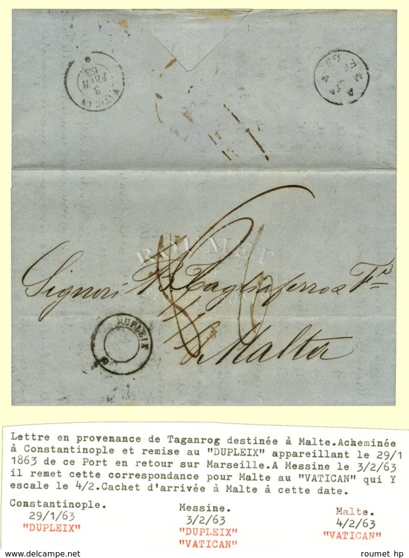 Lettre Avec Texte Daté De Taganrog (Russie) Le 18 Janvier 1863 Acheminée Jusqu'à Constantinople Et Remise Au Paquebot DU - Schiffspost