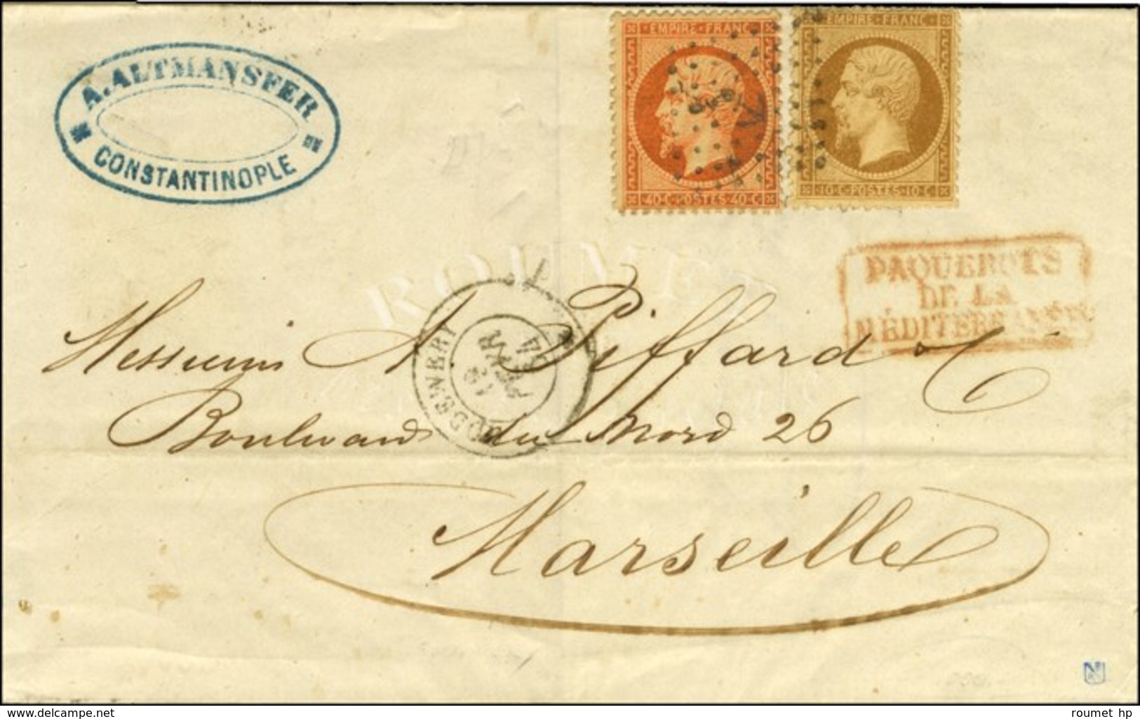 Ancre / N° 21 + 23 Càd GODEWERY / * 13 FEVR. 64 Sur Lettre De Constantinople Pour Marseille. - TB. - Maritime Post