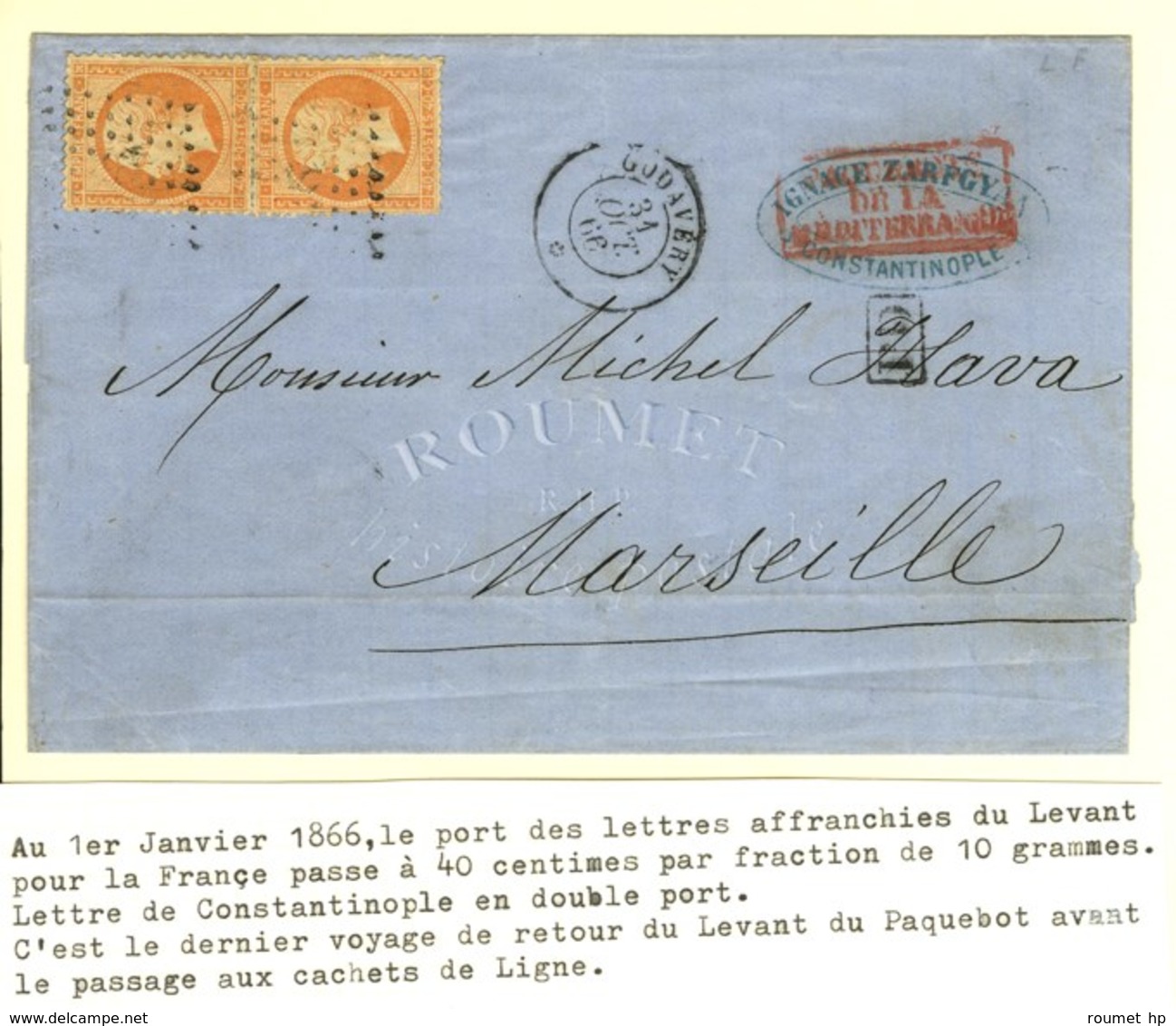 Ancre / N° 23 (2) Càd GODAVERY / * 31 OCT. 66 Sur Lettre De Constantinople Pour Marseille. Exceptionnel Tarif à 80c. Ave - Maritime Post