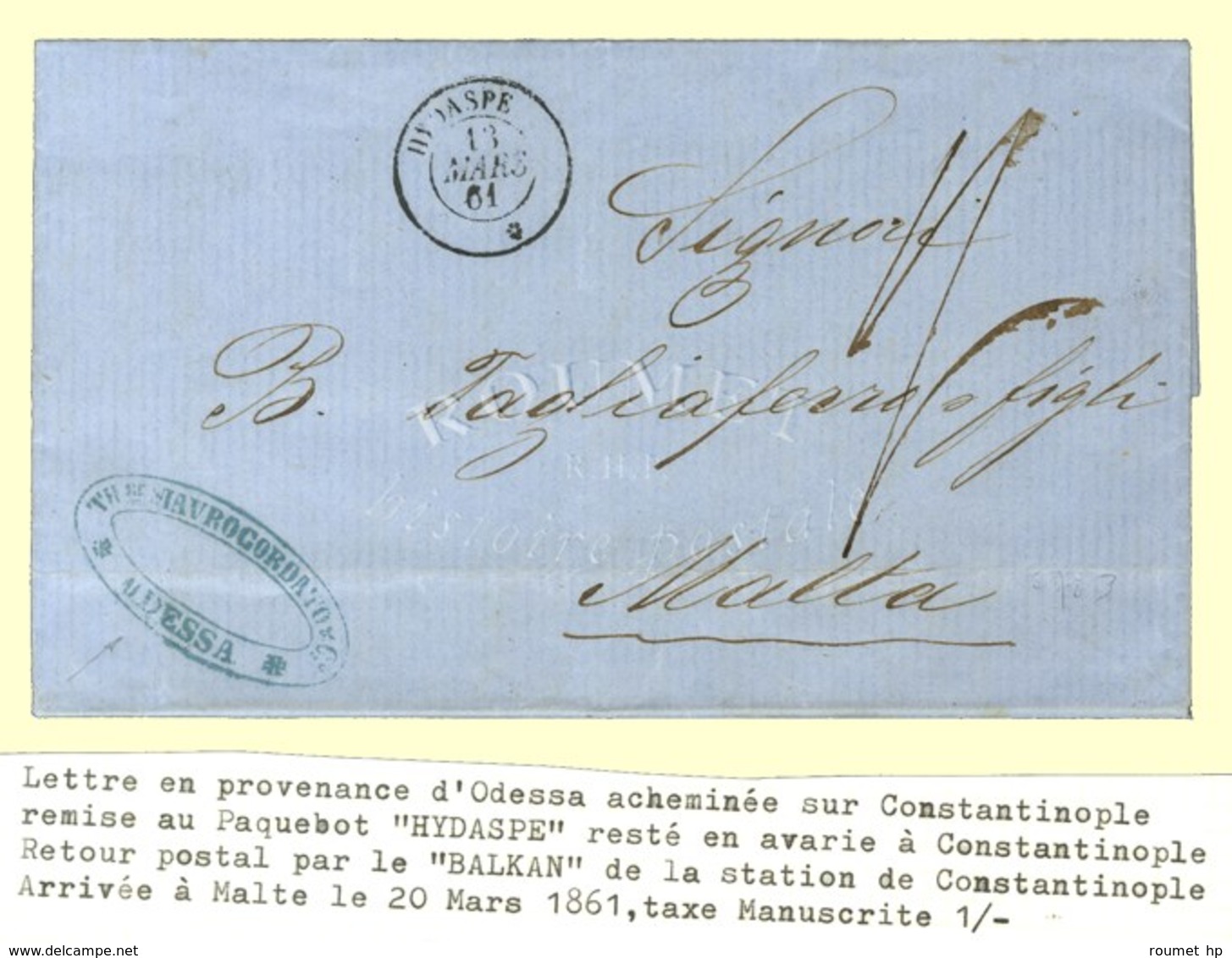 Càd HYDASPE / * 13 MARS 61 Sur Lettre Avec Texte Daté D'Odessa Acheminée Jusqu'à Constantinople (cachet D'achemineur Au  - Schiffspost