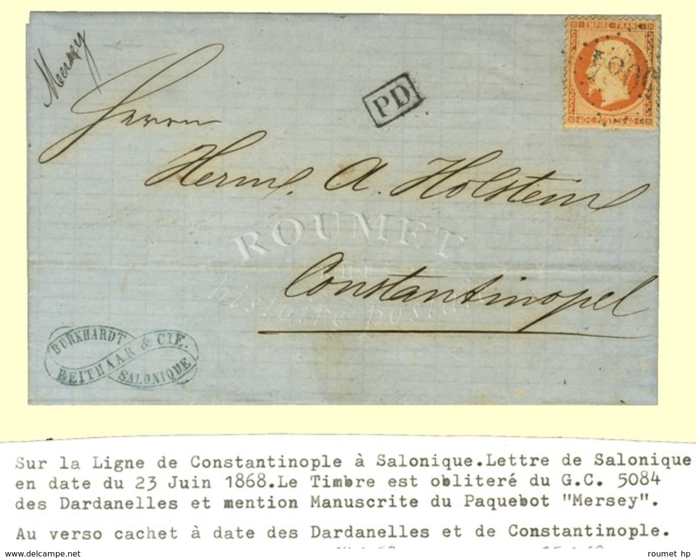 GC 5084 (Les Dardanelles) / N° 23 + Mention Manuscrite '' Mersey '' Sur Lettre De Salonique Avec Texte Daté Du 23 Juin 1 - Posta Marittima