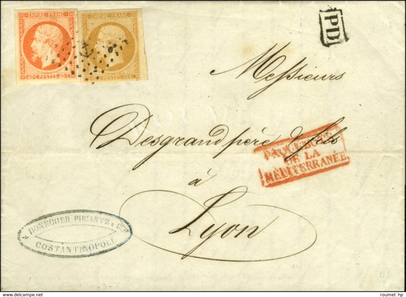 Lettre Avec Texte De Constantinople Datée Le 30 Mars 1859 Pour Lyon. L'agent Embarqué N'ayant Pas De Càd Sur Ce Voyage D - Maritime Post
