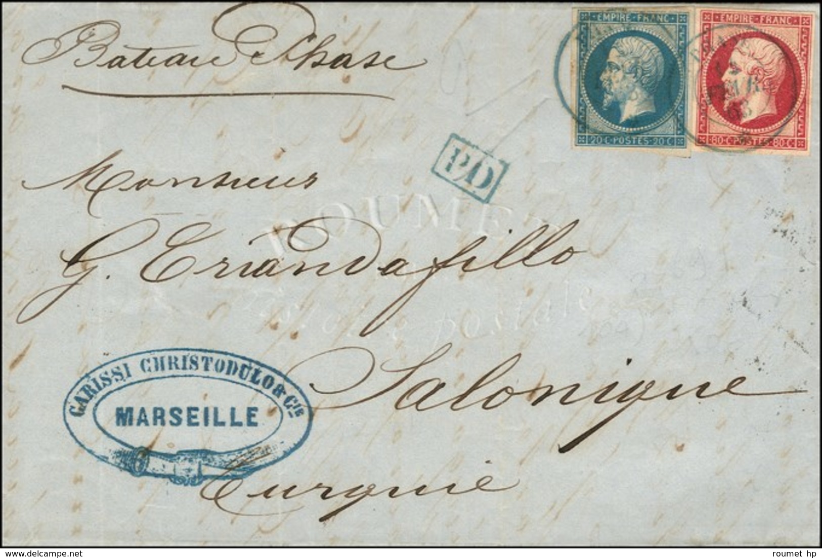 Càd Bleu PHASE * / N° 14 + 17 Sur Lettre Avec Texte De Marseille Pour Salonique. 1863. Exceptionnelle Combinaison. - SUP - Posta Marittima