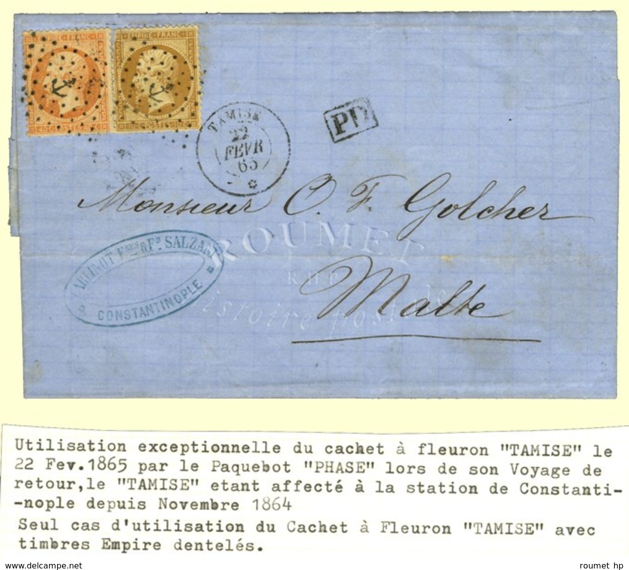 Ancre / N° 21 Infime Def + 23 Càd TAMISE / * 22 FEVR. 65 Sur Lettre De Constantinople Pour Malte. L'agent Embarqué Du Pa - Maritime Post