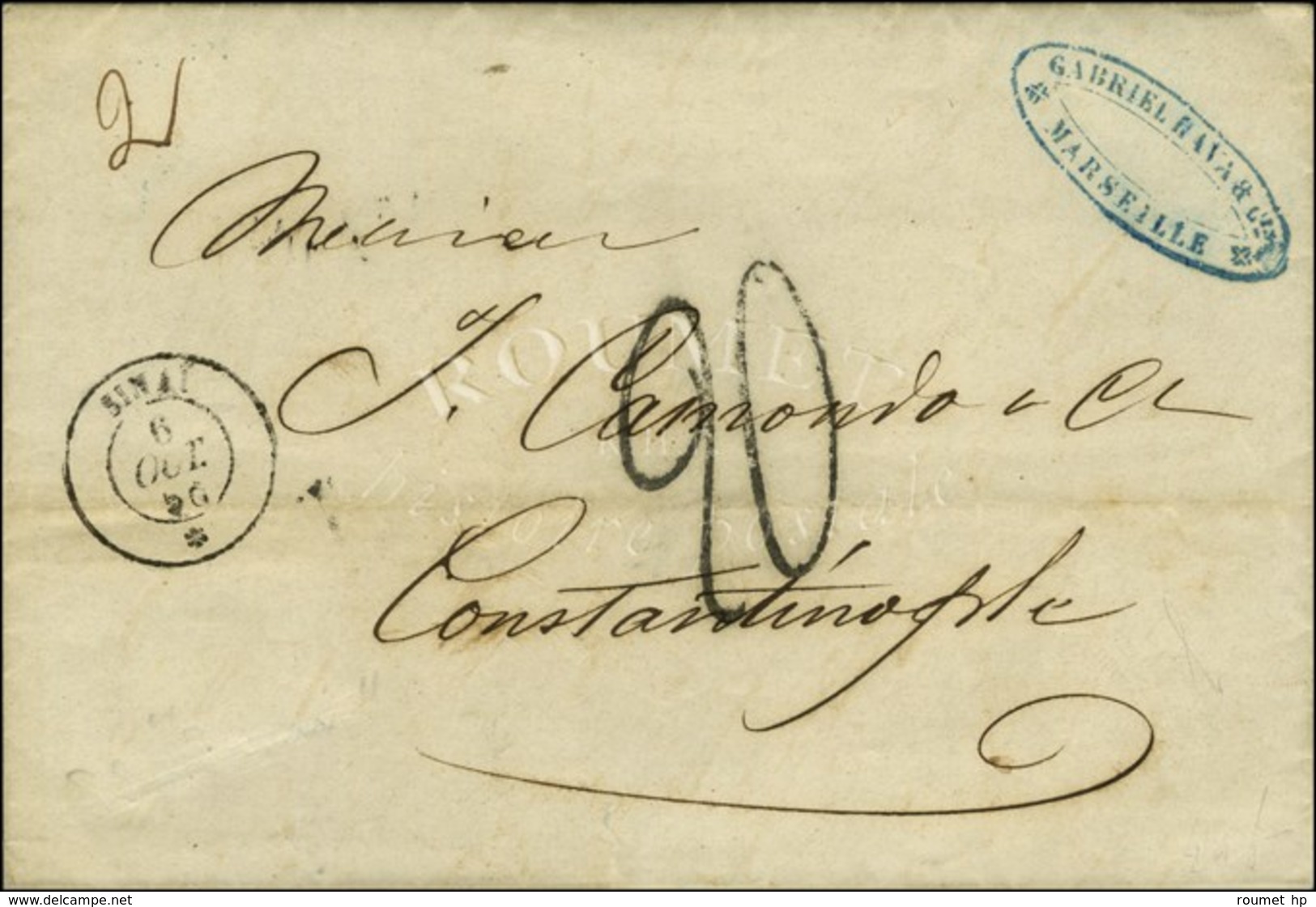 Càd SINAI / * Sur Lettre 2 Ports De Marseille Pour Constantinople, Taxe Tampon 20. 1856. - SUP. - Posta Marittima