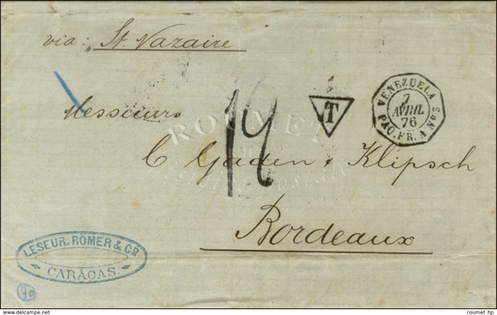 Càd Octo VENEZUELA / PAQ. FR. A N° 3 Taxe Tampon 12 Sur Lettre De Caracas Pour Bordeaux. 1876. - SUP. - Posta Marittima