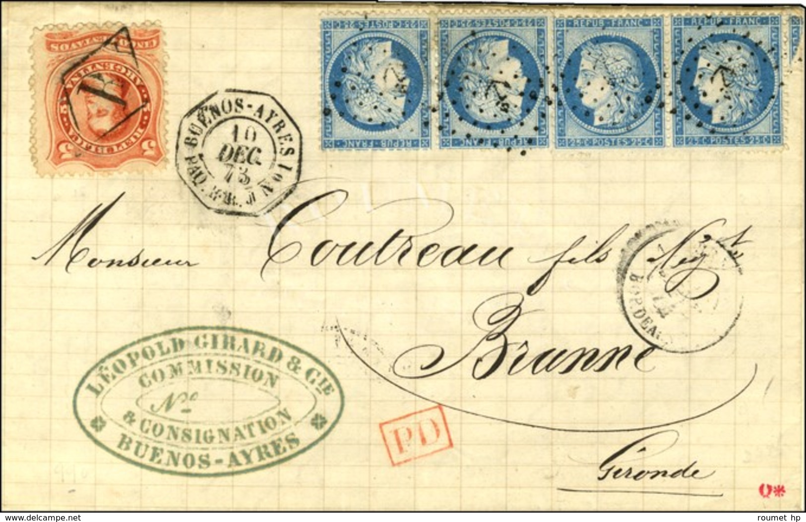 ' B ' / TP Arg. 5 Centavos + N° 60 (2 Paires) Oblitérées Ancre Càd Octo BUENOS-AYRES / PAQ.FR.J N° 1. 1873. - SUP. - R. - Posta Marittima