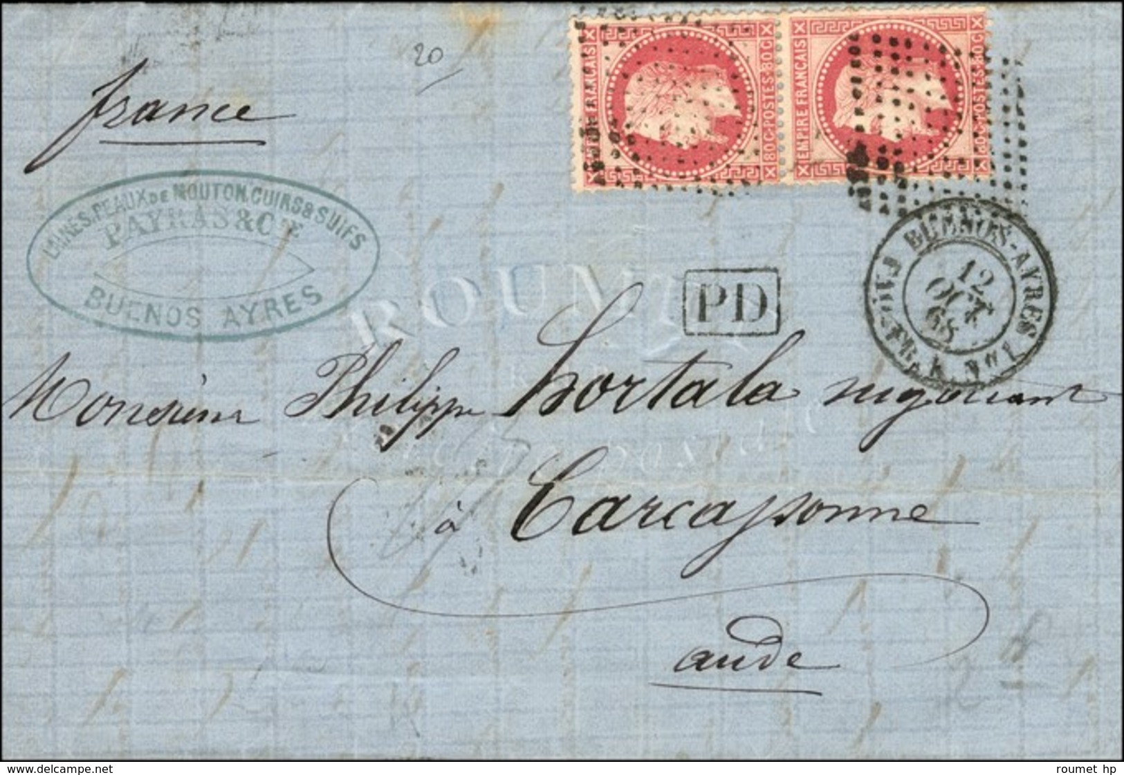 Losange De 144 Points / N° 32 Paire Verticale Càd BUENOS AYRES / PAQ FR K N° 1 Sur Lettre 2 Ports Pour La France. 1868.  - Posta Marittima