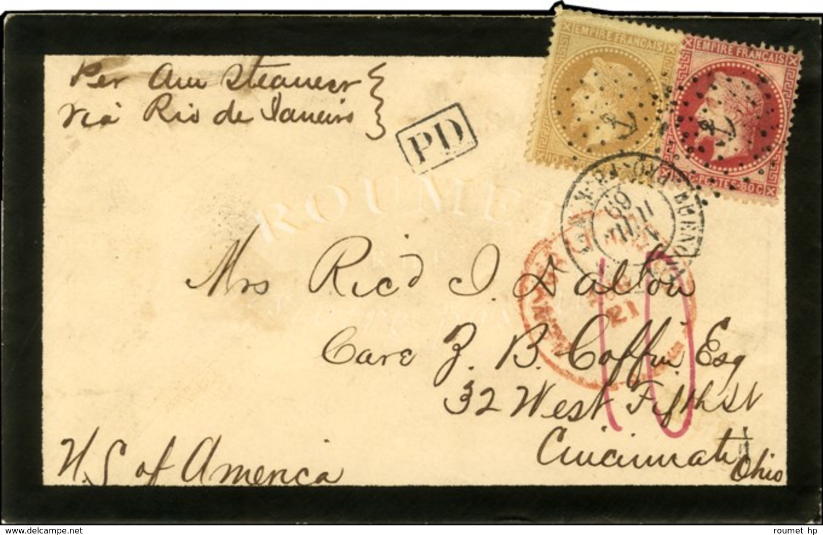 Ancre / N° 28 + 32 Càd BUENOS AYRES / PAQ. FR. K N° 1 Sur Lettre Pour Cincinnati Taxée 10. 1869. - TB / SUP. - RR. - Schiffspost
