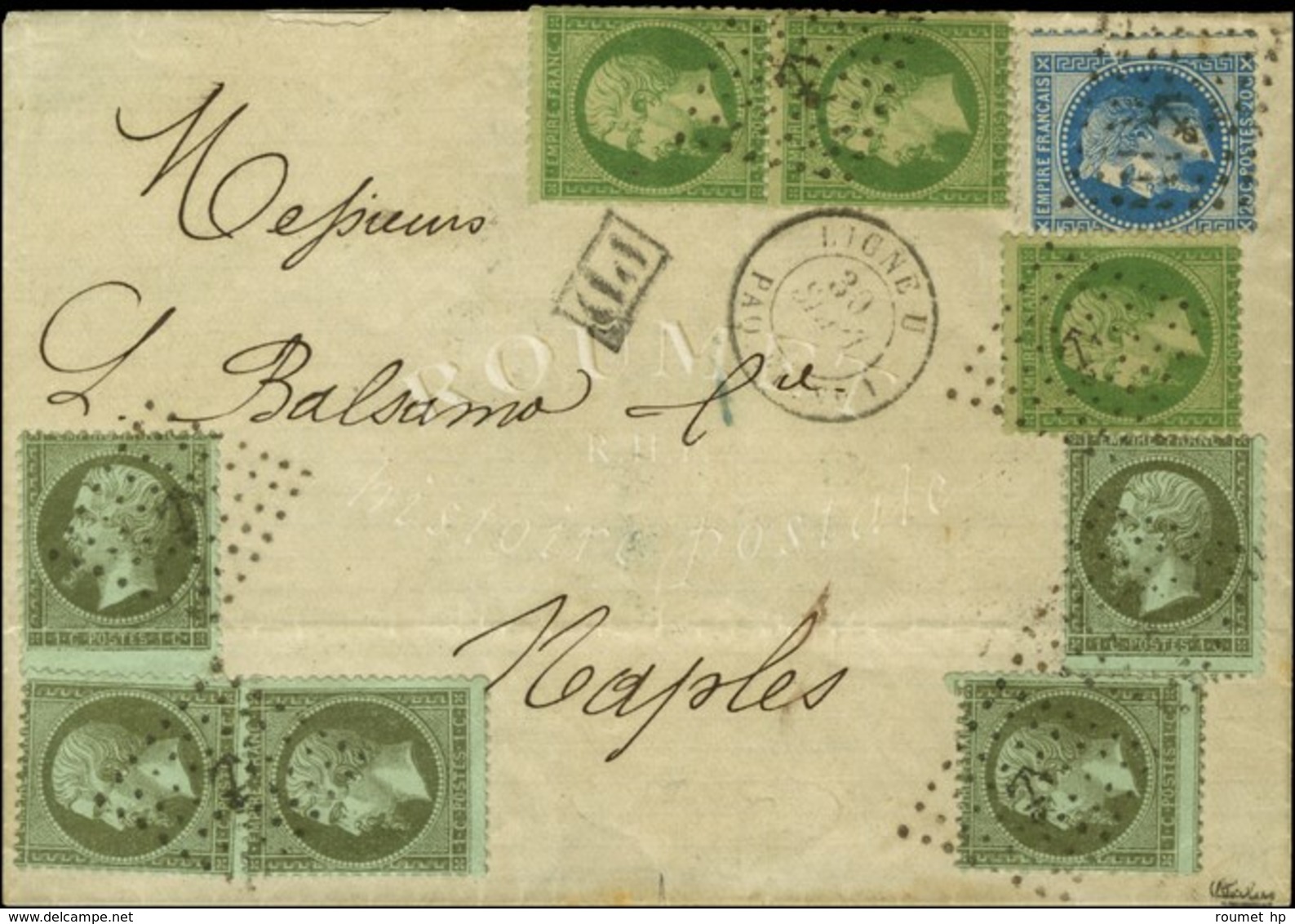 Ancre / N° 19 (5) (2 Ex Infime Pli) + 20 (3) + 29 Càd LIGNE U / PAQ. FR. N° 1 Sur Lettre De Marseille Pour Naples. 1868. - Maritime Post