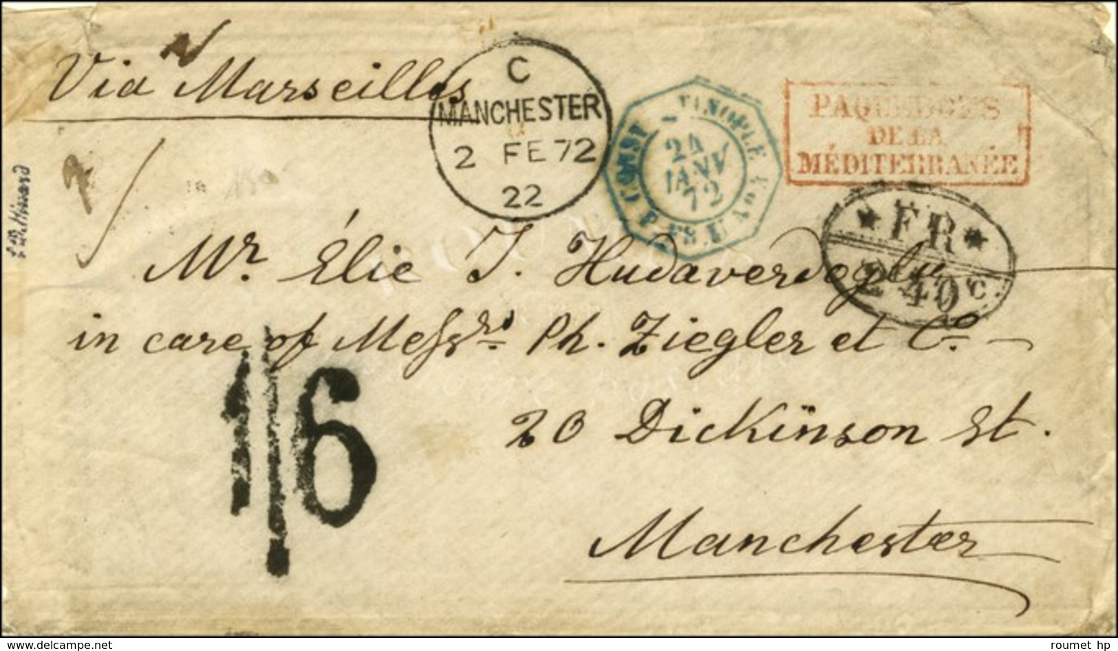 Càd Octo Bleu CONSTANTINOPLE / P.FR. U N° 4 24 JANV. 72 Sur Lettre Non Affranchie Pour Manchester, Au Recto Taxe Tampon  - Posta Marittima