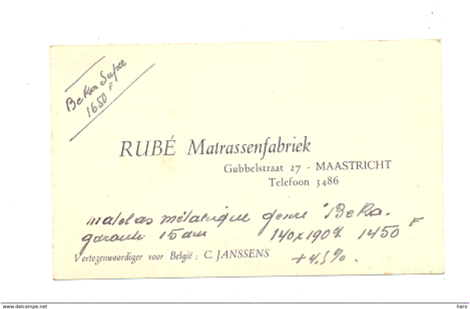 Visitekaartje - RUBE Matrassenfabriek - MAASTRICHT  1945...1950 ( K) - Visiting Cards