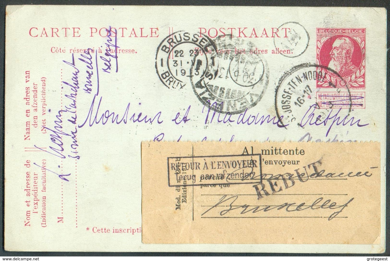EP Carte 10c. Grosse Barbe Obl. Sc St-JOSSE-ten-NOODE 28-V-1913 Vers Venise (Italie) (30/05) Et Renvoyée Avec étiquette - Briefkaarten 1909-1934