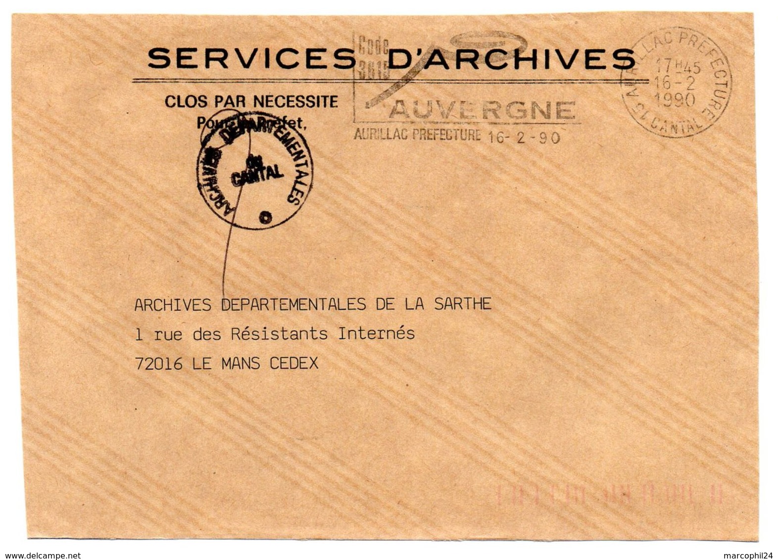 CANTAL - Dépt N° 15 = AURILLAC PREFECTURE 1990 = FLAMME Type II = SECAP Illustrée' ' AUVERGNE CODE 3615  ' - Mechanical Postmarks (Advertisement)