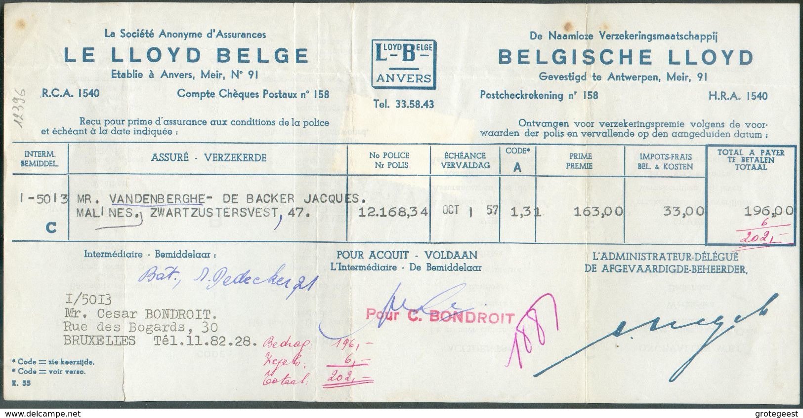 6Fr. DOUGLAS Obl. Sc BRUXELLES 12 Sur Reçu De Prime D'assurance 19-10-1957.  Document Rare - 12396 - Other & Unclassified