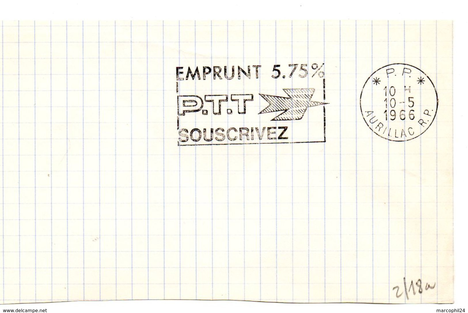 CANTAL - Dépt N° 15 = AURILLAC RP 1966 = Flamme PP Non Codée = SECAP Illustrée  = EMPRUNT PTT 5,75% - Oblitérations Mécaniques (flammes)