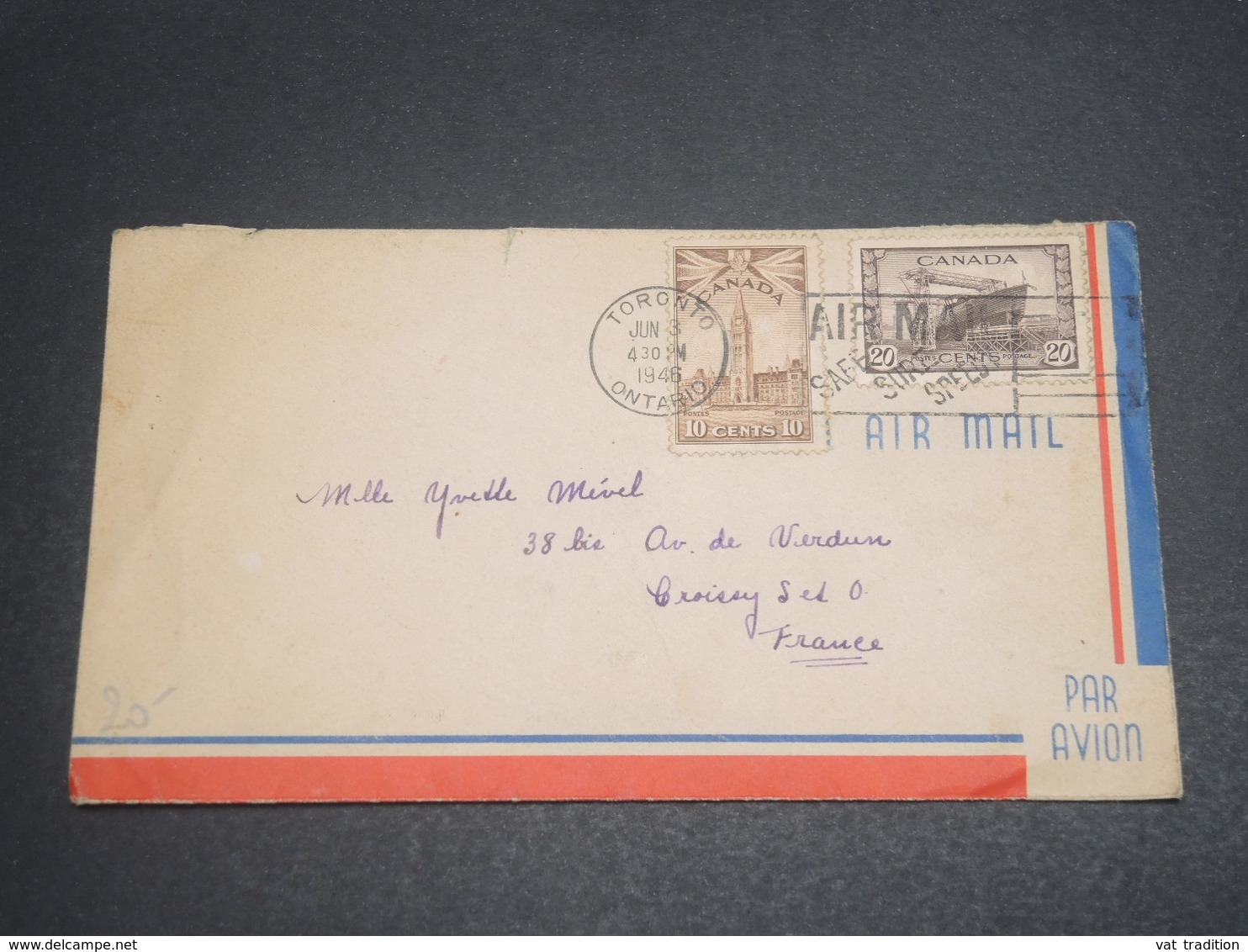 CANADA - Enveloppe De Toronto Pour La France En 1946 , Affranchissement Plaisant - L 12401 - Lettres & Documents