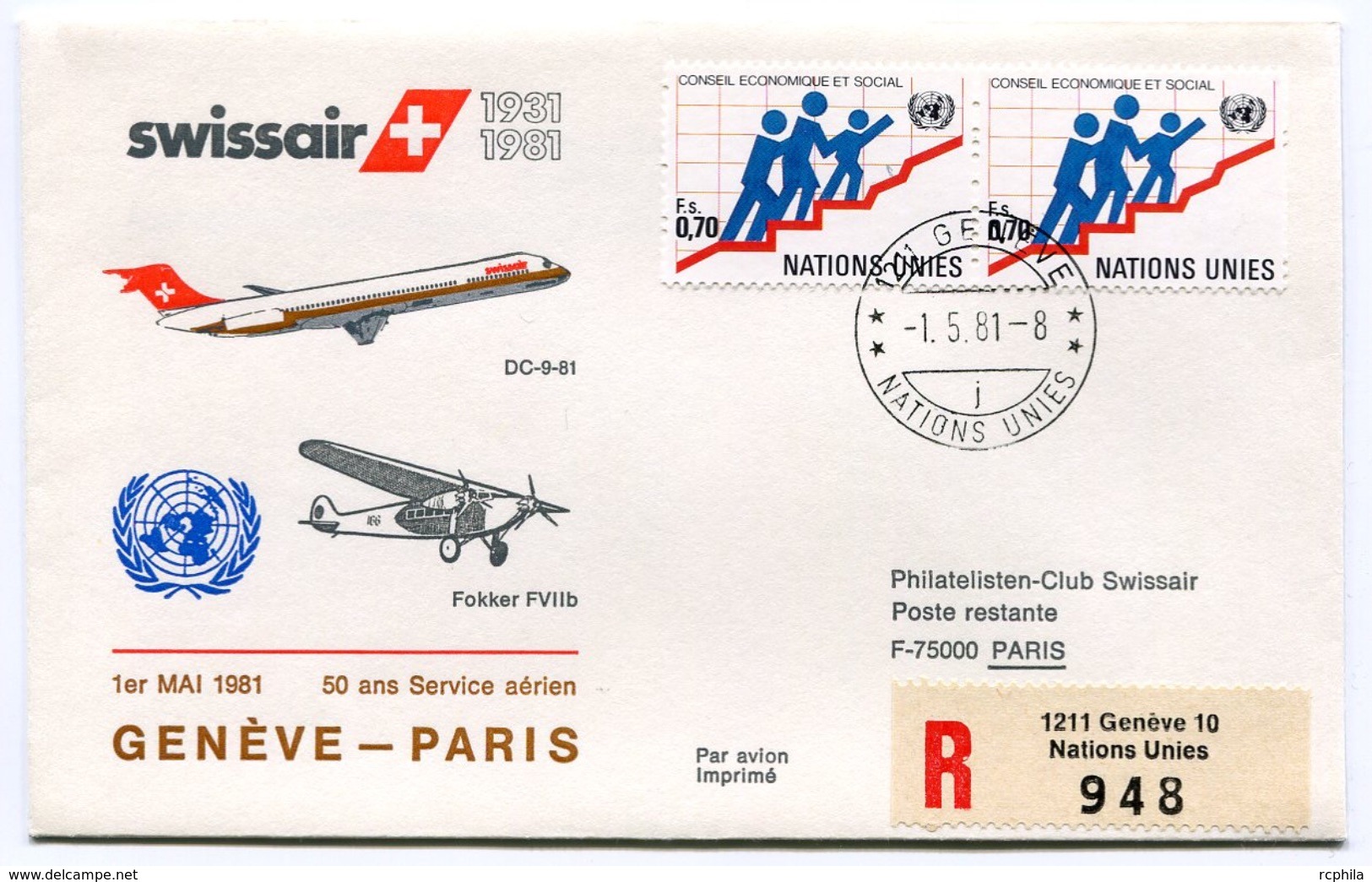 RC 6549 SUISSE NU 1981 1er VOL SWISSAIR GENEVE - PARIS FRANCE FFC LETTRE COVER - First Flight Covers