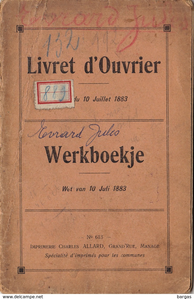 Livret Carnet De Travail Evrard J De Wanfercee Baulet Charbon Charbonnage Du Marquis à Vaux Campinaire - Du Petit Try - Documentos Históricos