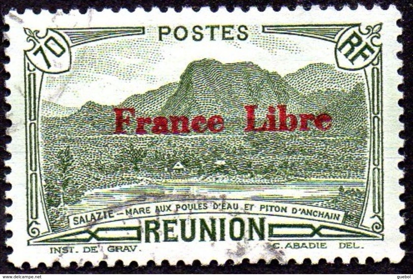 Réunion Obl. N° 199 - Vue -> Salazie, Mare Aux Poules D'eau Et Piton D'Auchain 70 Cts Olive Surchargé France Libre - Oblitérés