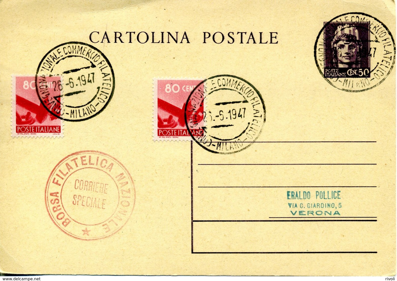 ITALIE-ITALIA CARTOLINA POSTALE TURRITA 0.50 CENT/LIRE DEL 1945 VIAGGIATA IL 26.06.1947 - Stamped Stationery