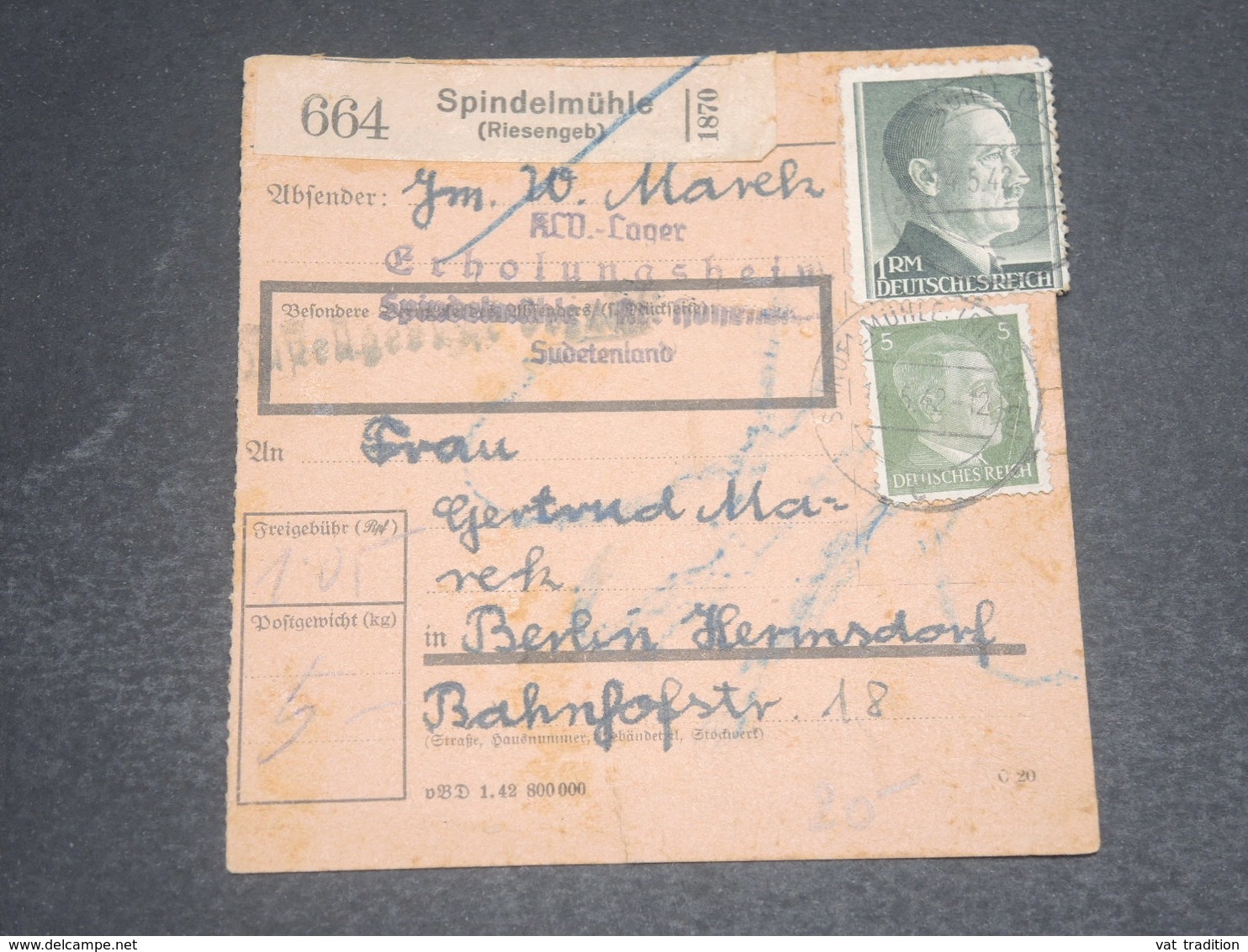 ALLEMAGNE - Formulaire De Colis Postal De Spindelmühle Pour Berlin En 1942 - L 12421 - Briefe U. Dokumente